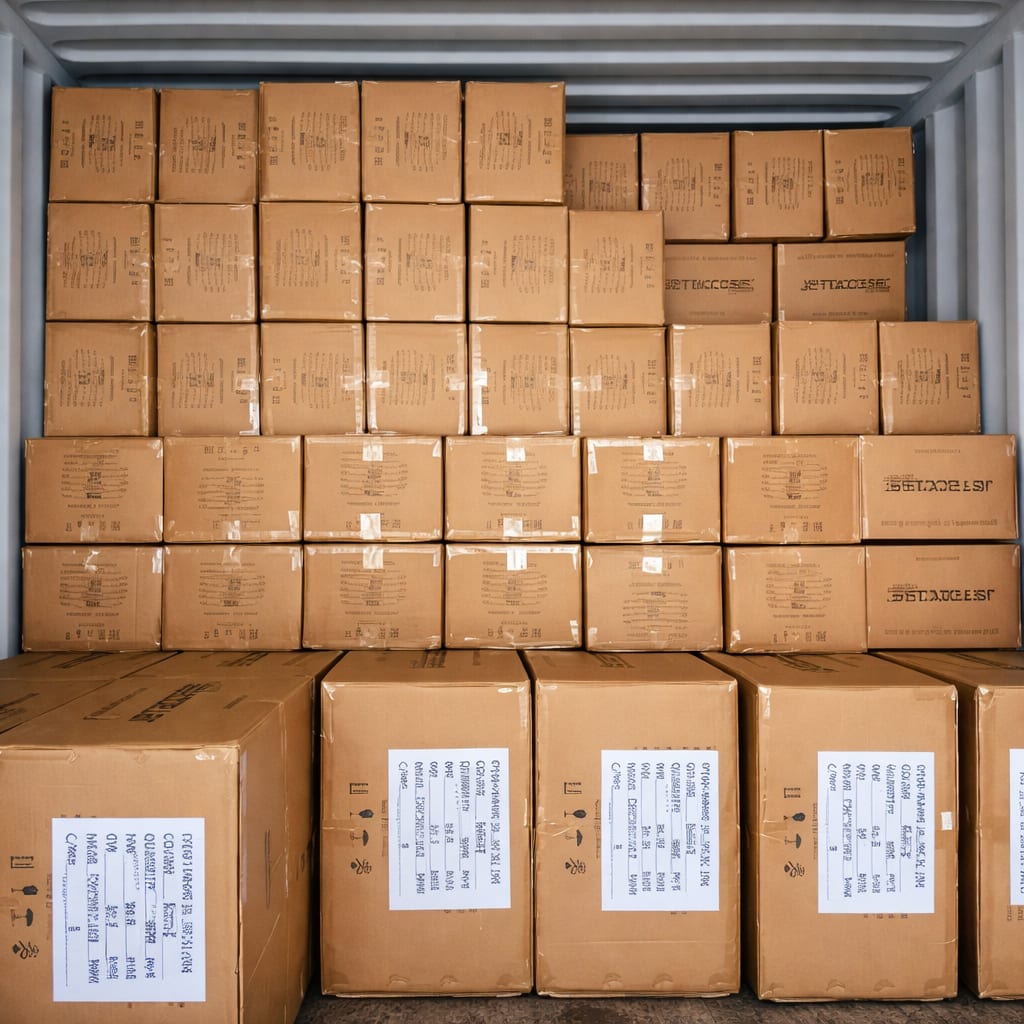 Export cartons loaded in a shipping container