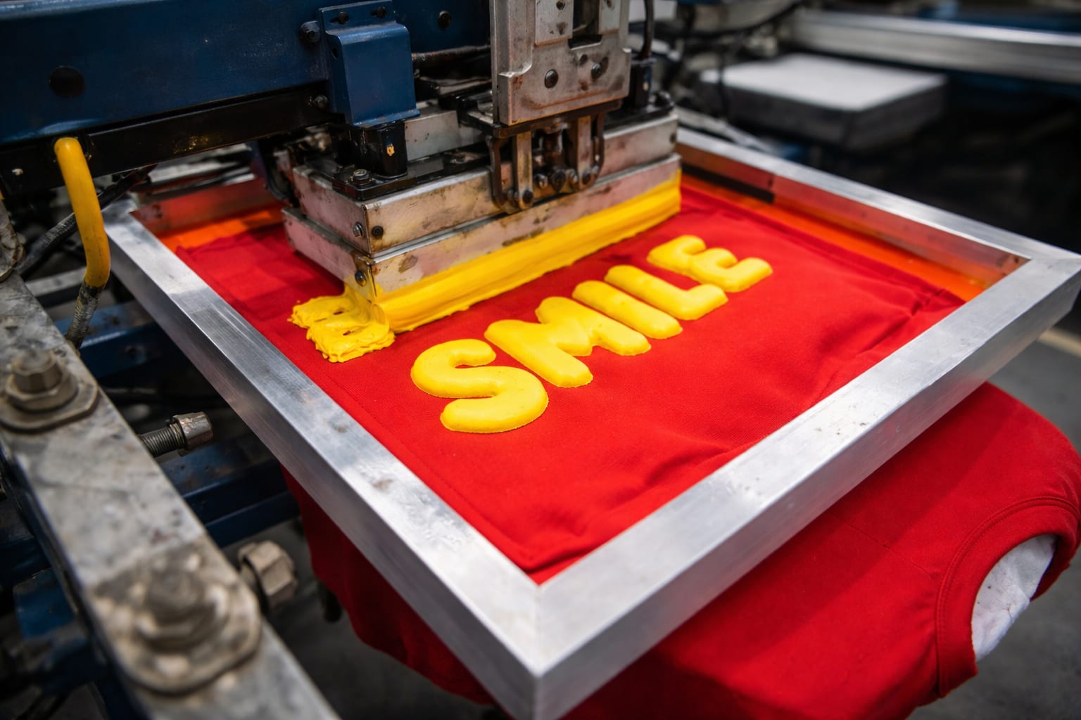 Screen printing a yellow puff print onto a red garment