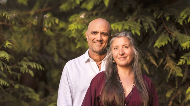 Rob and Melissa — Couple portrait with evergreen background foliage