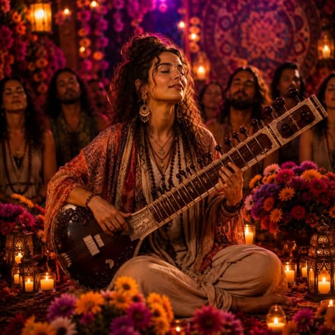 Kirtan sitar musician by candlelight