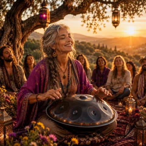 Handpan player at sunset