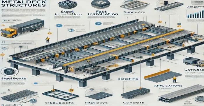 Infografía sobre los beneficios y procesos de instalación de estructuras para Metaldeck