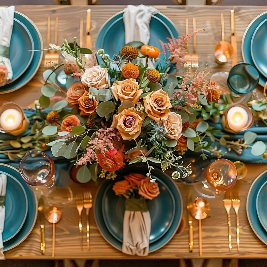 rustic-romance-decor-overhead-teal-plates-copper-cutlery.webp