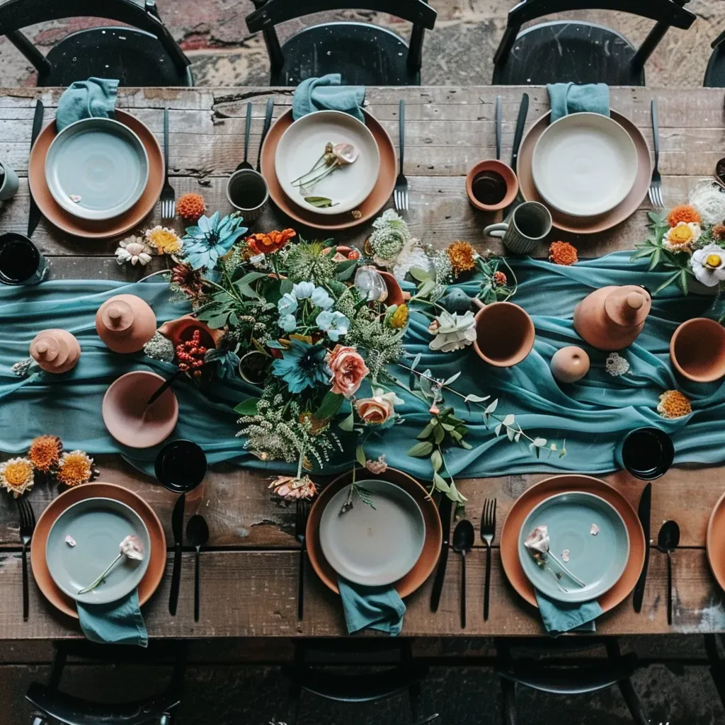 rustic-romance-decor-overhead-table-blue-terracotta-plates.webp