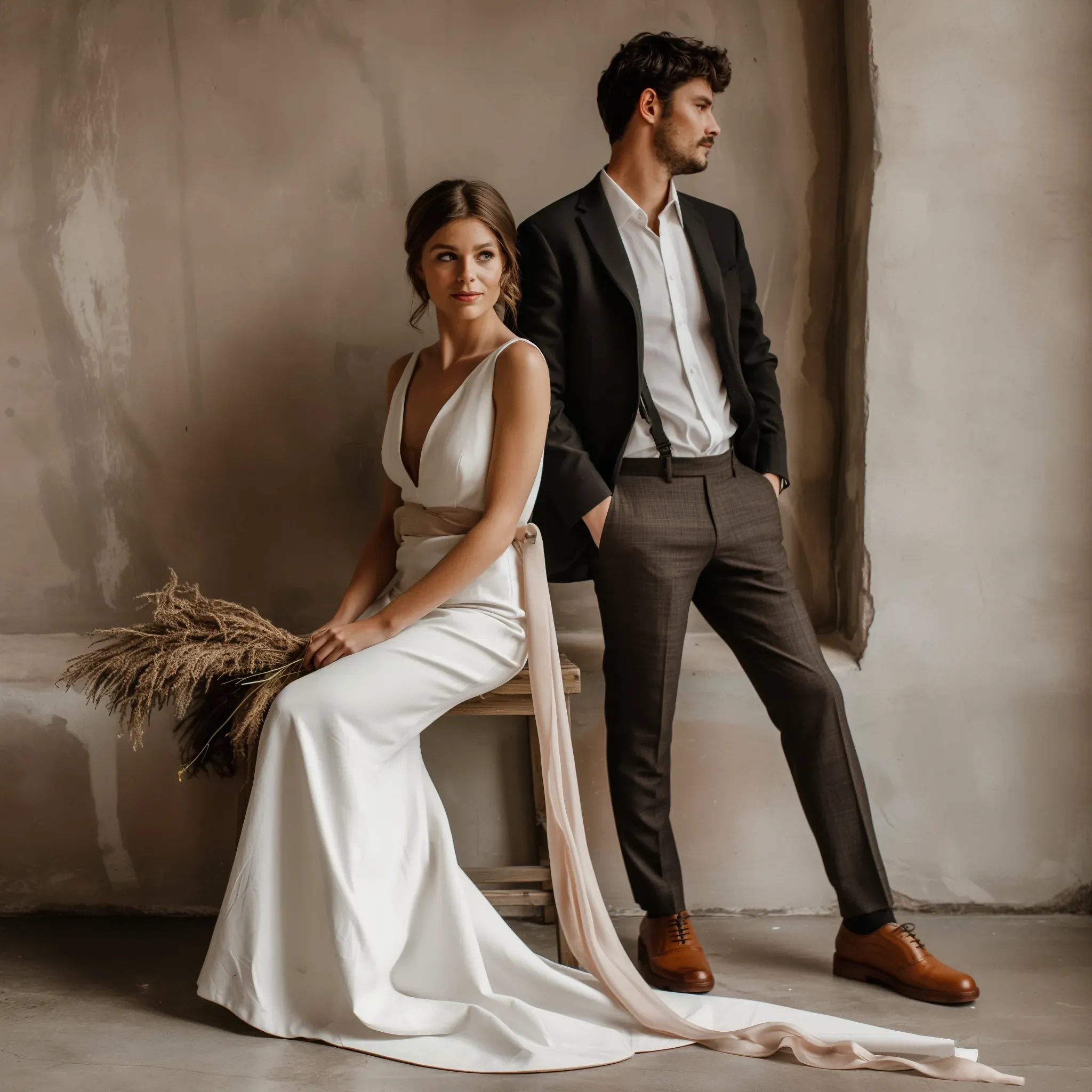 couple-stylish-portrait-minimal-gown-groom-brown-suit-close-up.webp