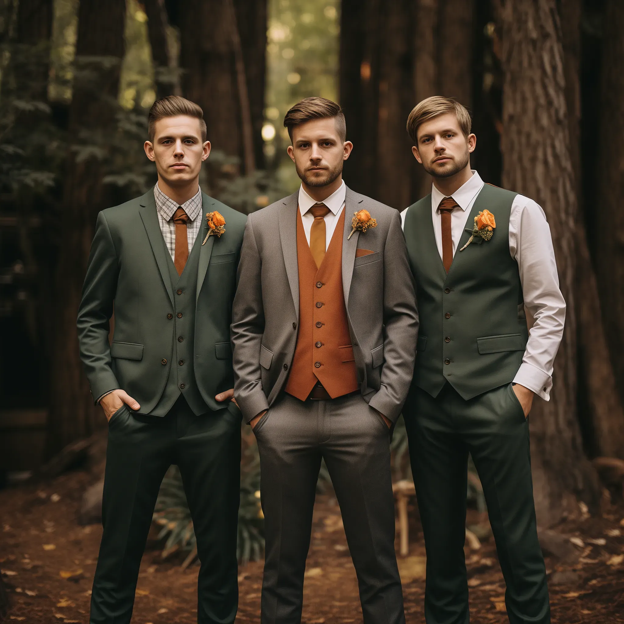 groomsmen-trio-green-suits-rust-ties-winter-forest-path.webp