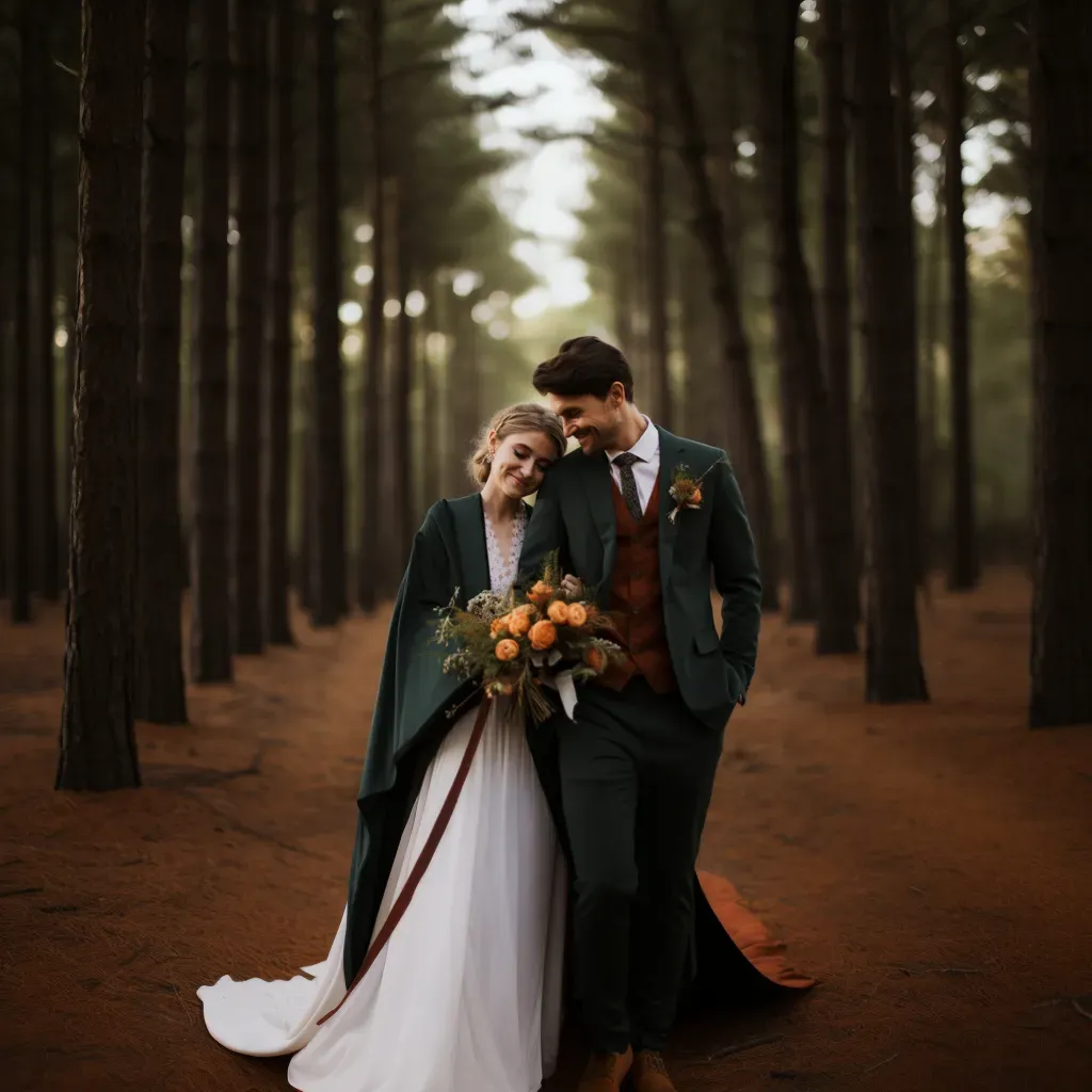 bride-groom-walking-pine-forest-green-suit-rust-orange-cape-winter.webp