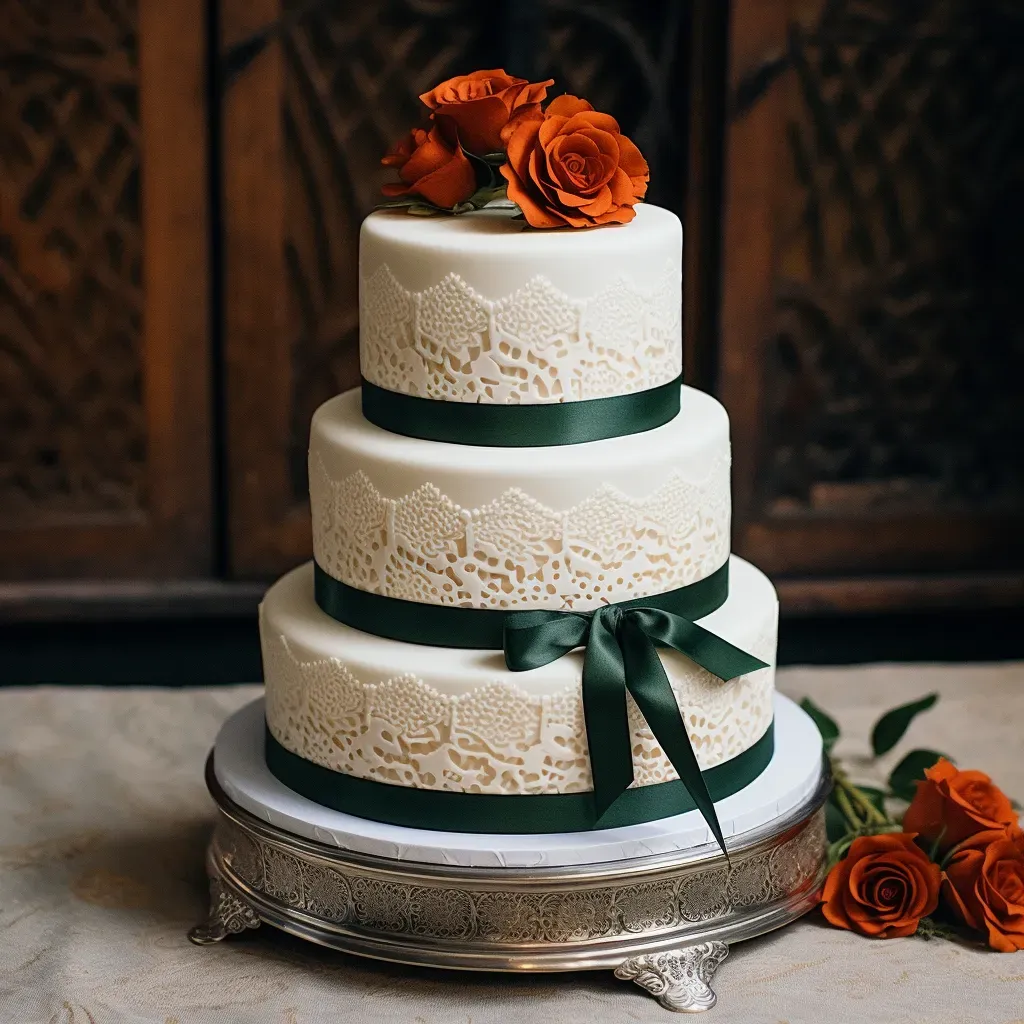 three-tier-cake-ivory-lace-forest-green-ribbon.webp