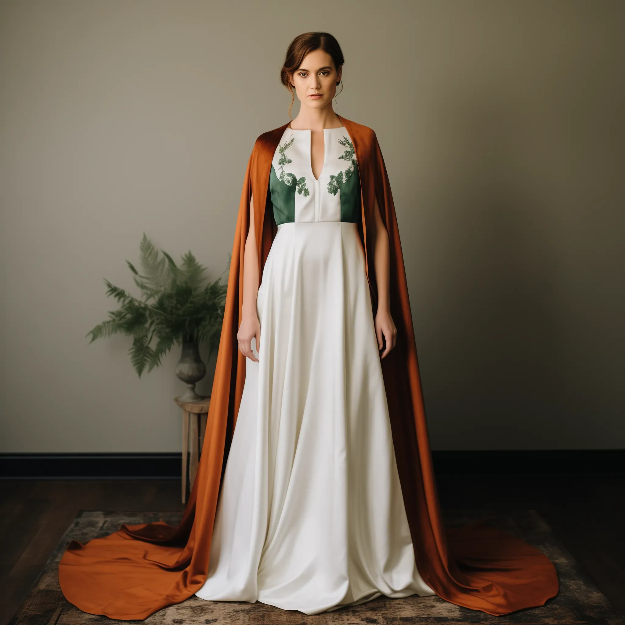 bridal-gown-ivory-silk-forest-green-rust-cape.webp