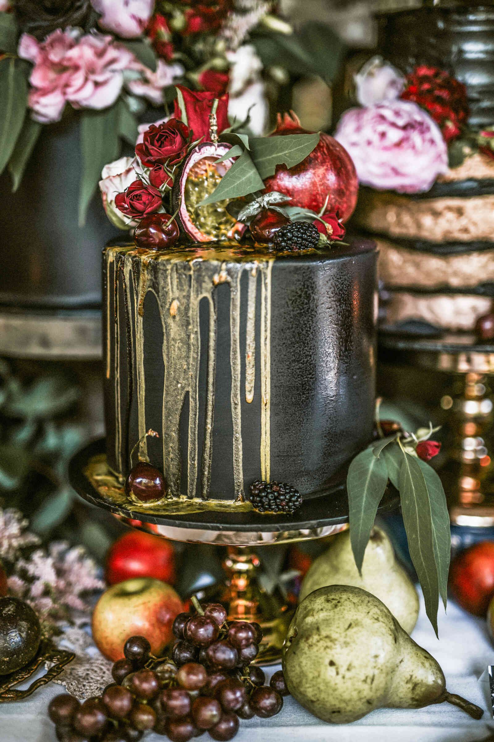black_wedding_cake_gold_drip_pomegranate_topper_e336b5d8a7