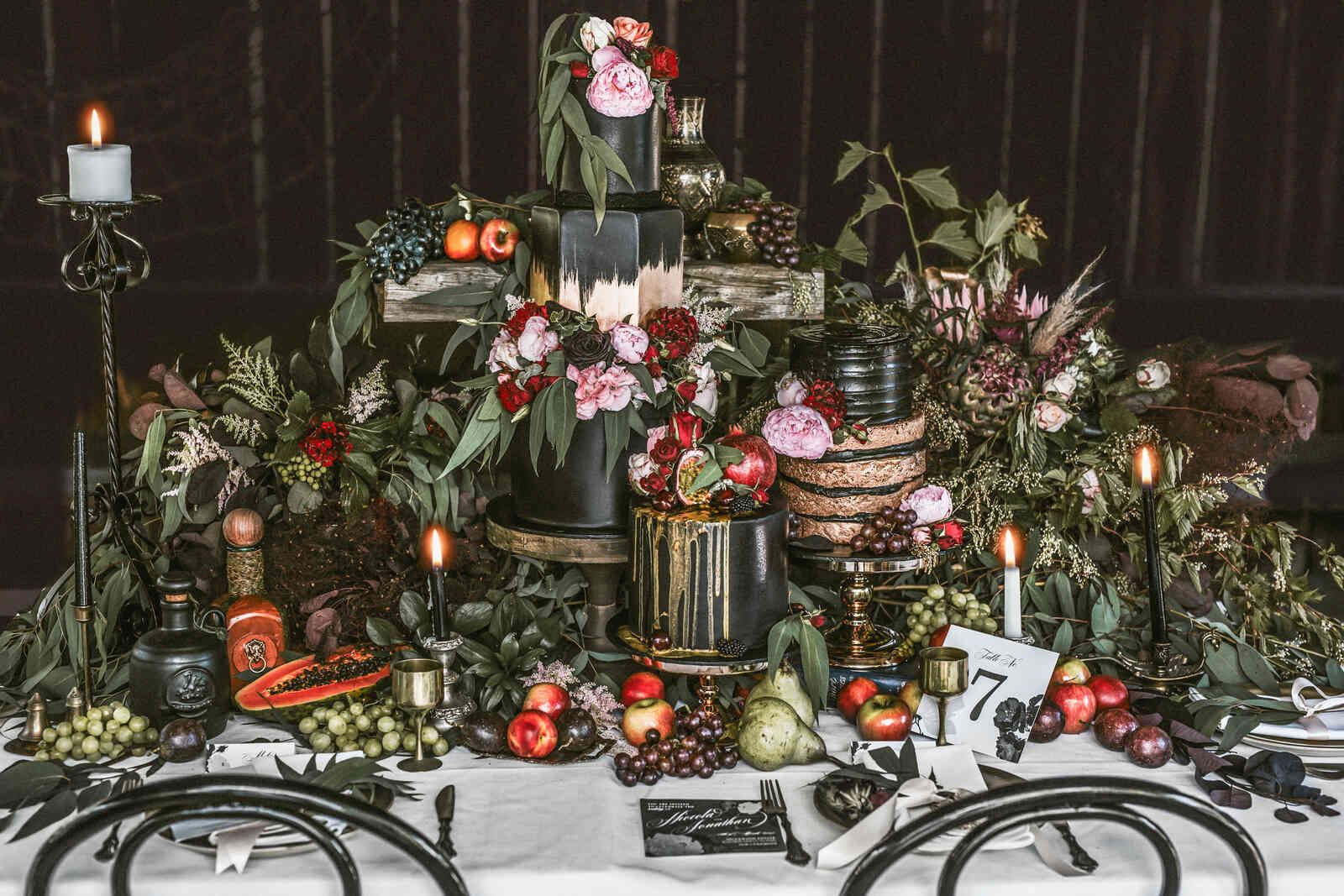 decadent_black_wedding_cakes_fruit_grazing_table_10703e7199