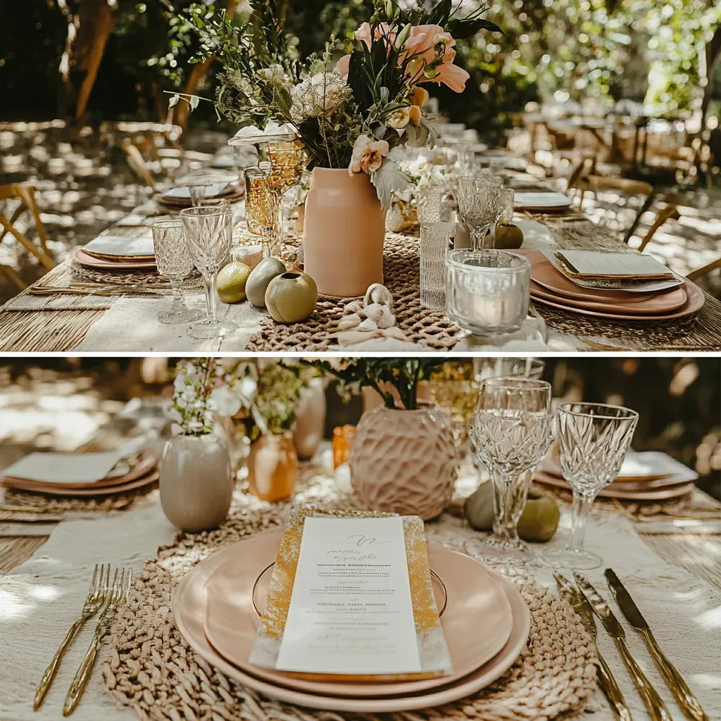 boho-outdoor-wedding-decor-woven-placemats-peach-vases.webp