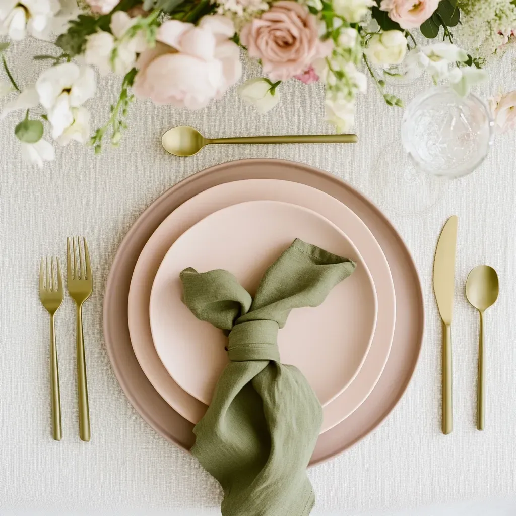 top-view-wedding-place-setting-layered-peach-plates-olive-napkin.webp