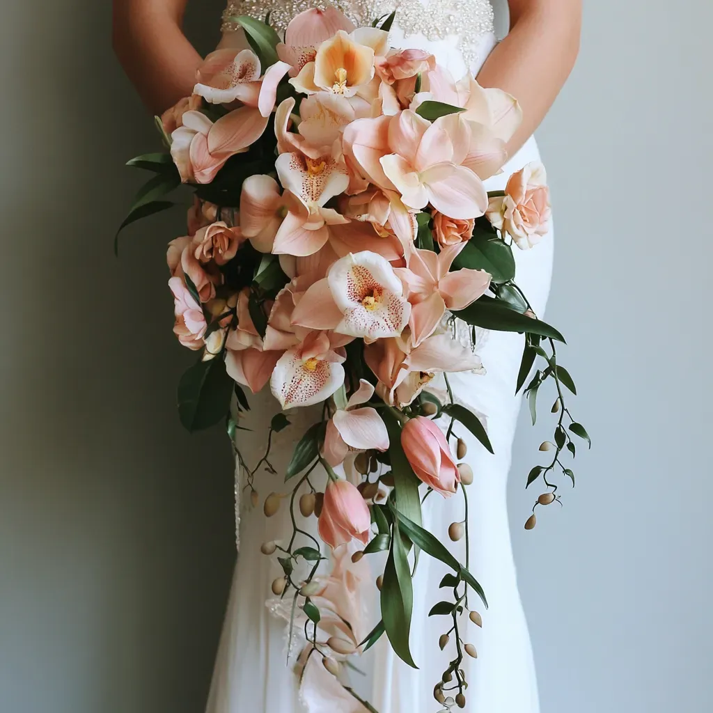soft-peach-harmony-vertical-waterfall-bouquet-peach-cymbidium-orchids-tulips.webp