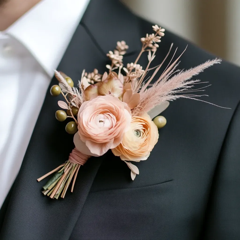 soft-peach-harmony-modern-asymmetric-boutonniere-peach-ranunculus-dried-grass.webp