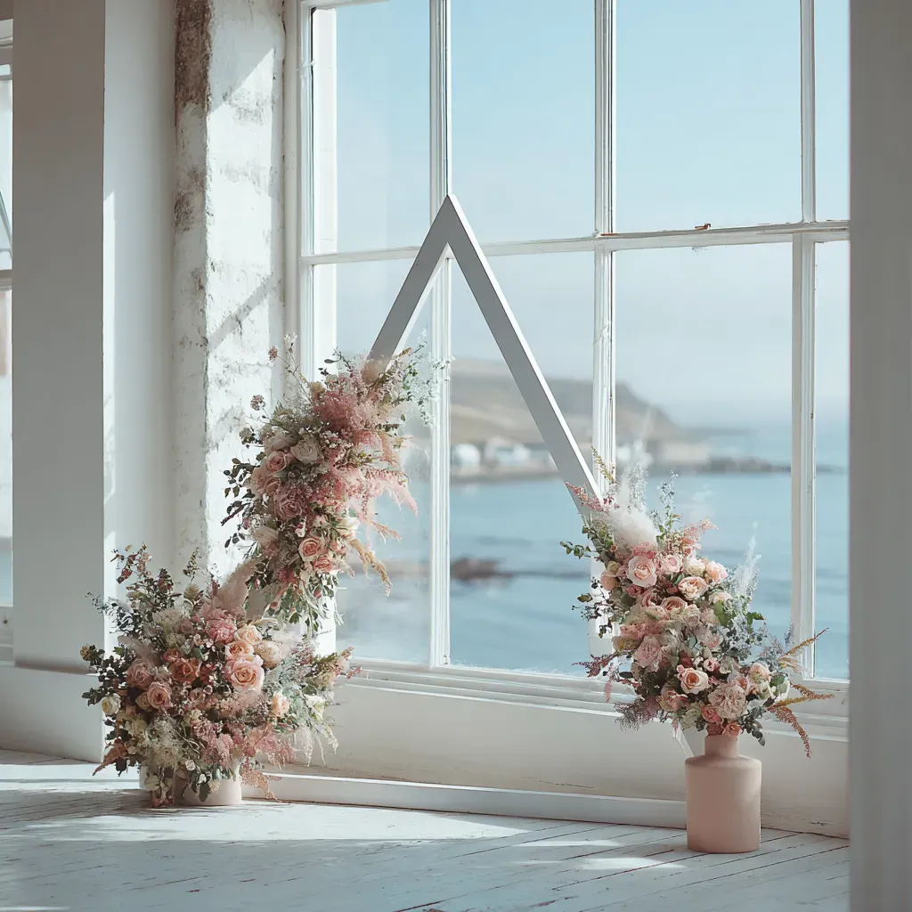 ultra-minimal-white-tipi-arch-dusty-pink-floral-vases.webp