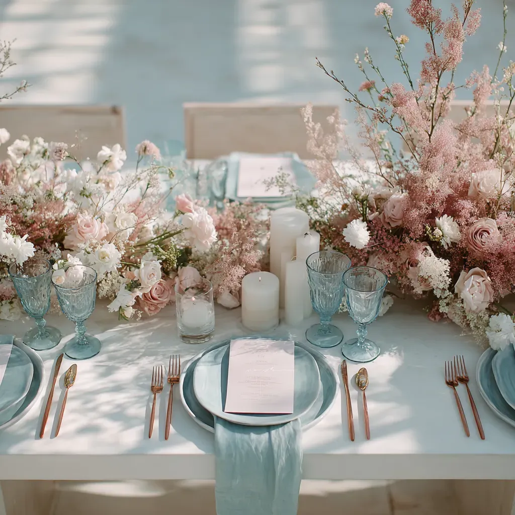 top-down-wedding-place-setting-rose-gold-cutlery-blue-plates.webp