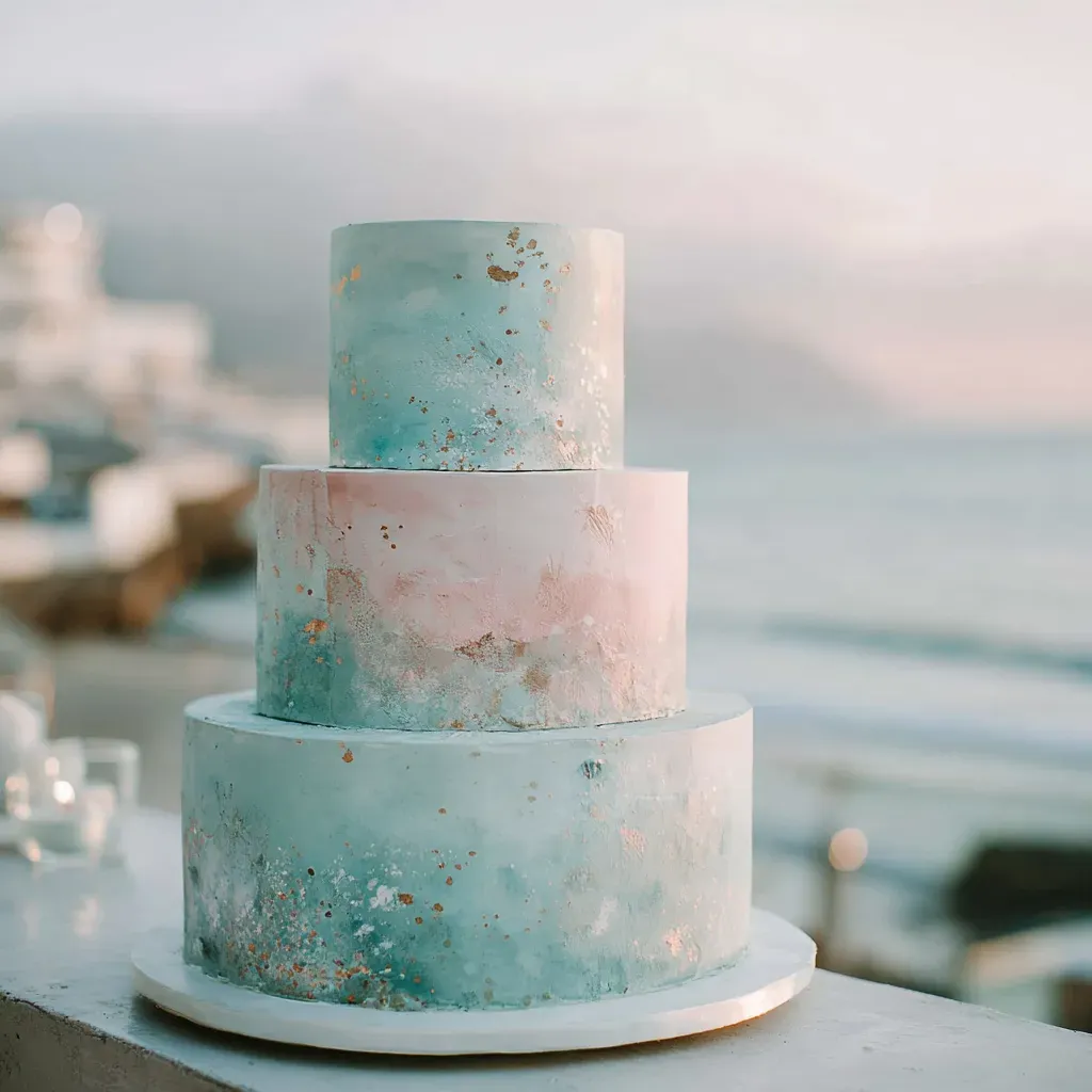three-tier-wedding-cake-dusty-blue-pink-gold-leaf-speckles.webp