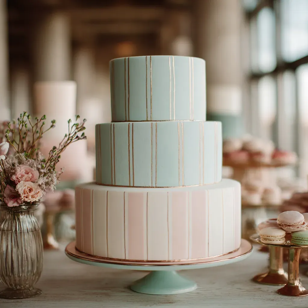 three-tier-wedding-cake-vertical-gold-lines-blue-pink-stripes.webp