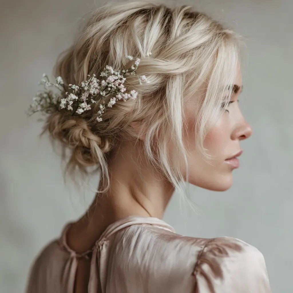 short-bridal-hair-twists-pinned-back-dusty-pink-flowers.webp