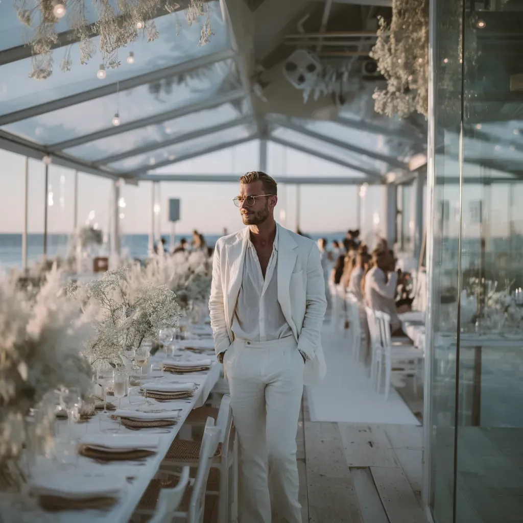 ai-wedding-groom-white-suit-glass-marquee-sunset.webp