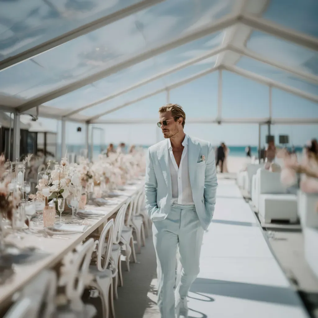groom-dusty-blue-linen-suit-sunglasses-beach-marquee-ceremony.webp