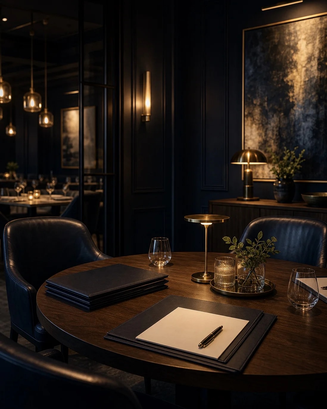 An elegantly set table in a candlelit, navy-and-brass fine-dining room