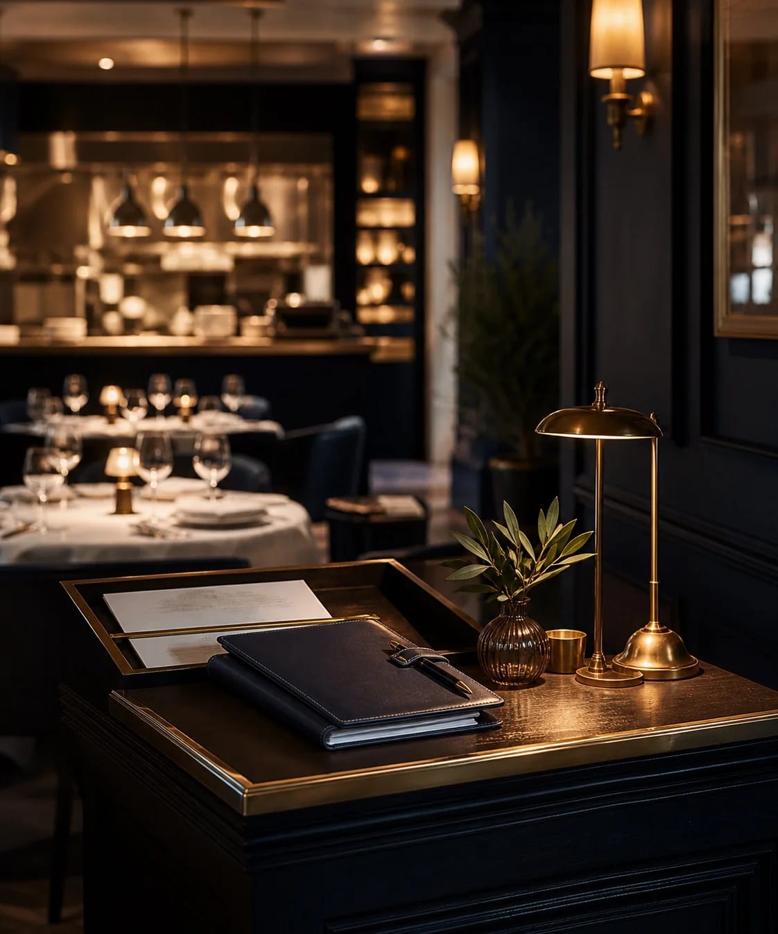 A host station with a leather guest folio and brass lamp overlooking a fine-dining room