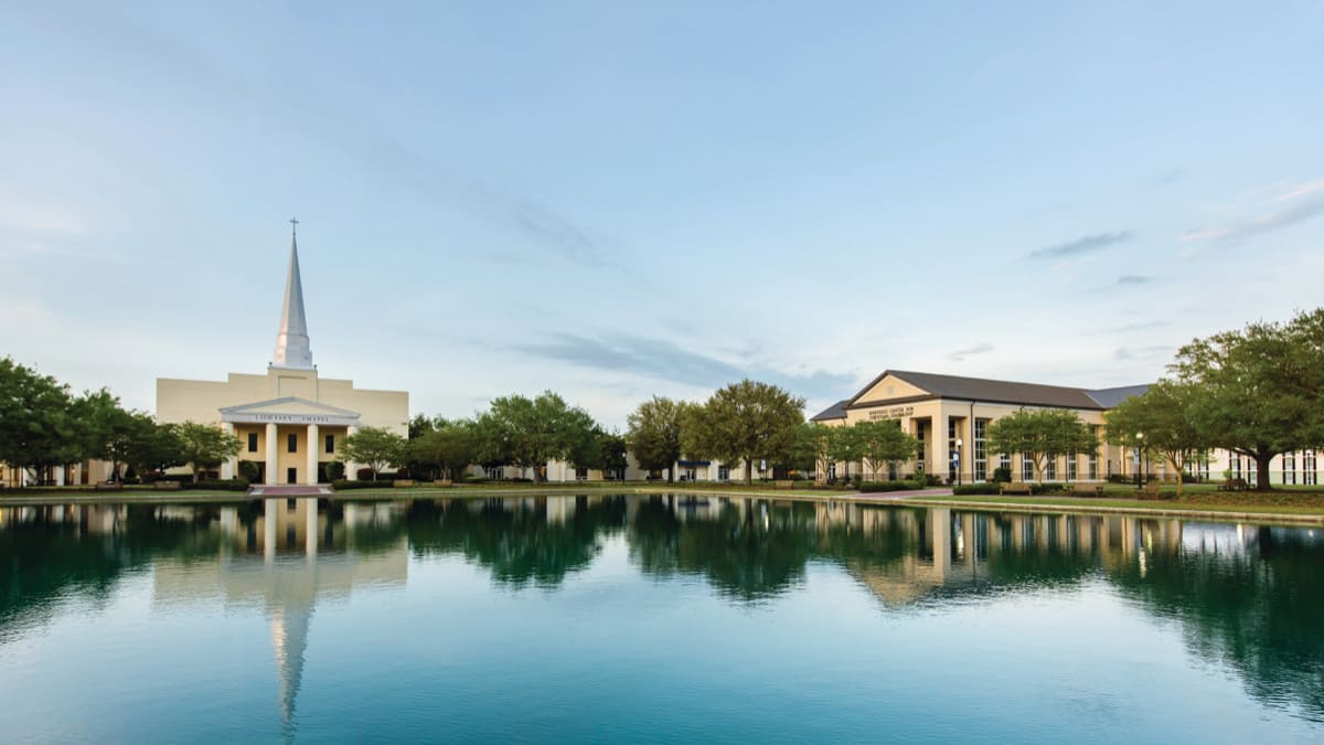 Lightsey Chapel Auditorium on the Charleston Southern University campus reflected in a lake
