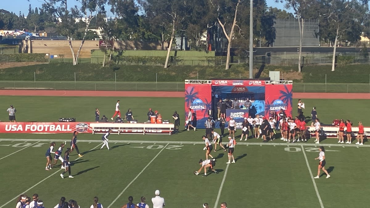 Team USA women’s flag football players line up during the Summer Series game against Canada in Carson, California