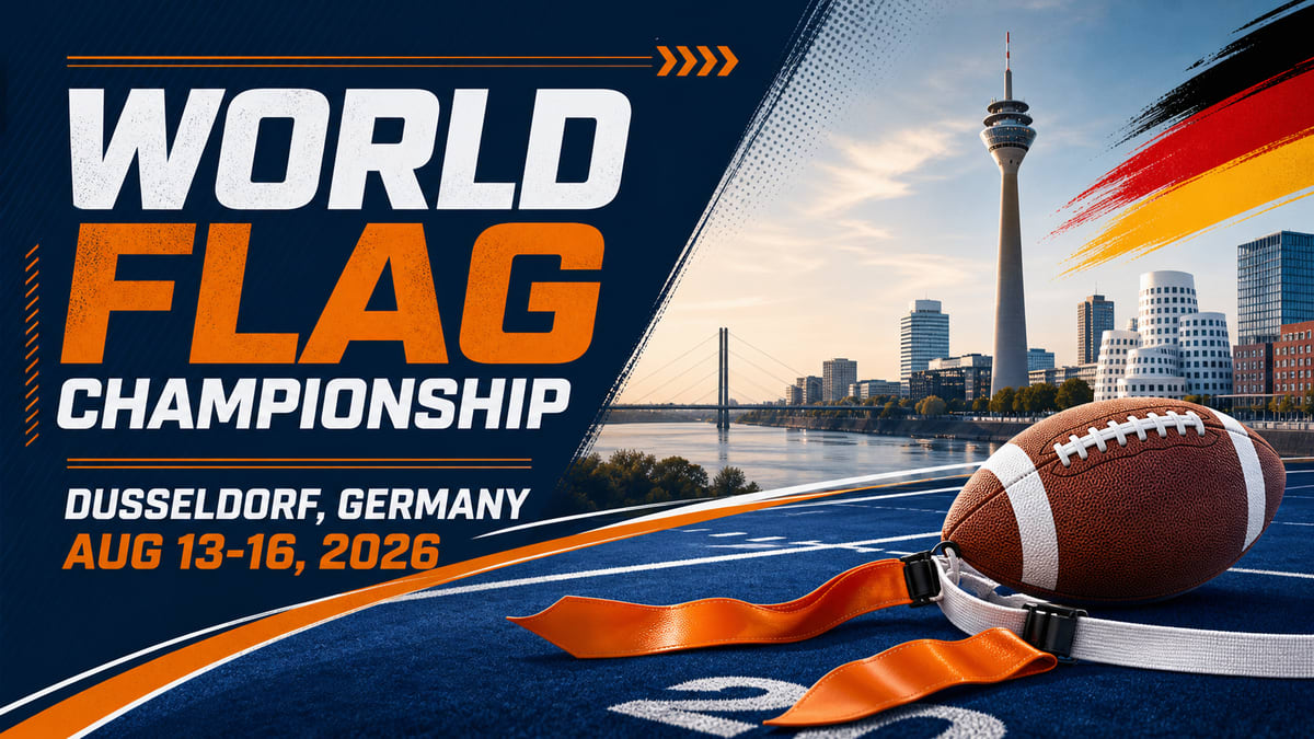 Generated sports graphic showing Düsseldorf, Germany, for the 2026 IFAF World Flag Championship.
