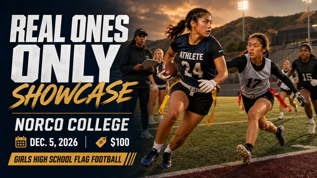 Girls high school flag football players compete in a recruiting showcase-style scene for the Real Ones Only event at Norco College.