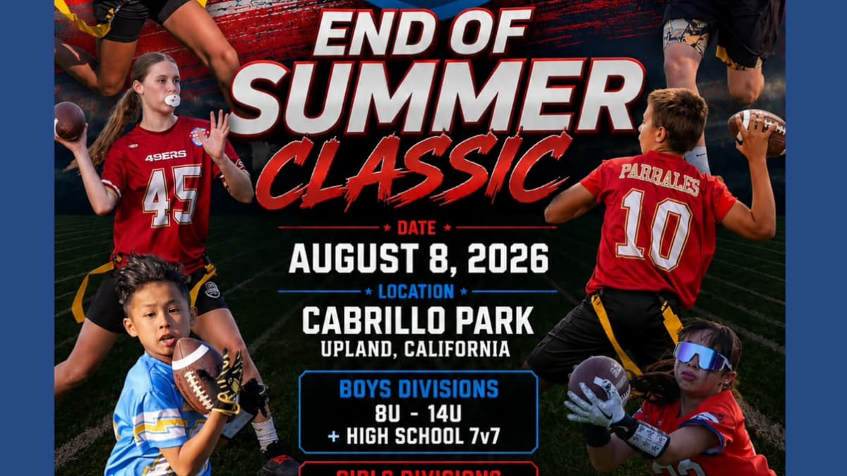 MVP Flag Football End of Summer Classic flyer for Aug. 8, 2026 at Cabrillo Park in Upland.