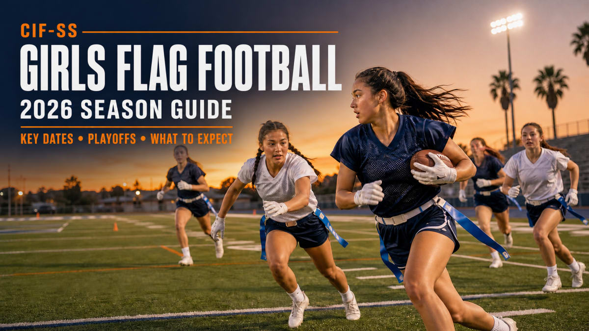 Editorial graphic reading CIF-SS Girls Flag Football 2026 Season Guide above high school girls playing flag football at sunset