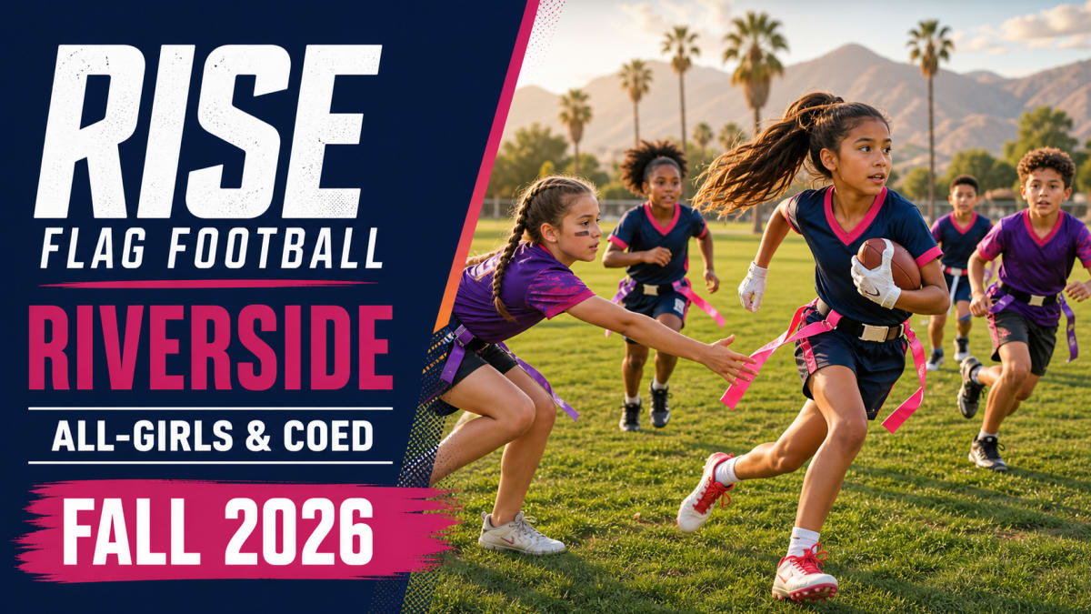 Girls and coed youth players in a RISE Flag Football Riverside Fall 2026 graphic