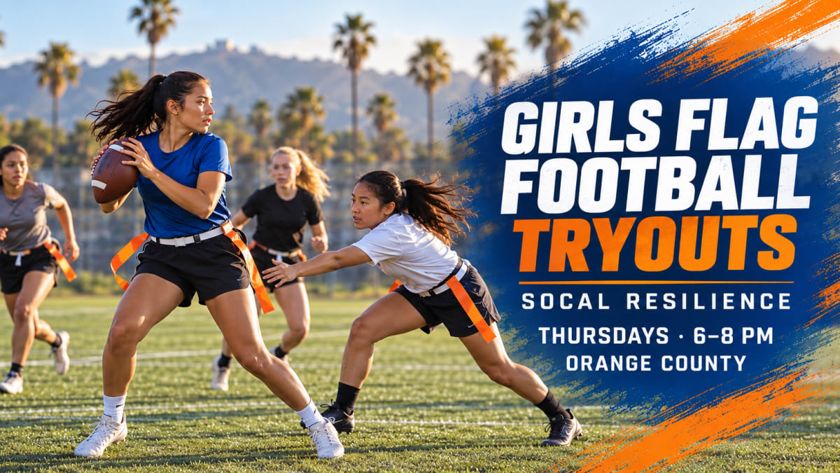Generated illustration of girls playing flag football with Thursday 6–8 p.m. Orange County tryout details