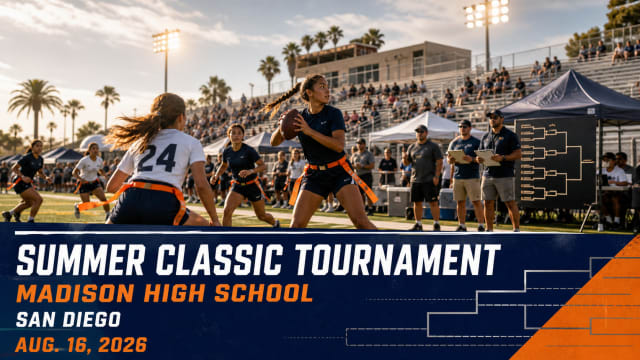 Generated editorial image for the Summer Classic flag football tournament at Madison High School in San Diego on August 16, 2026.