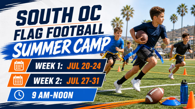 South Orange County youth flag football summer camp graphic showing July 20-24 and July 27-31 camp weeks.