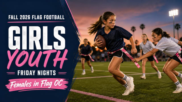 Females in Flag OC girls youth fall league graphic with players under Friday night lights in Orange County.