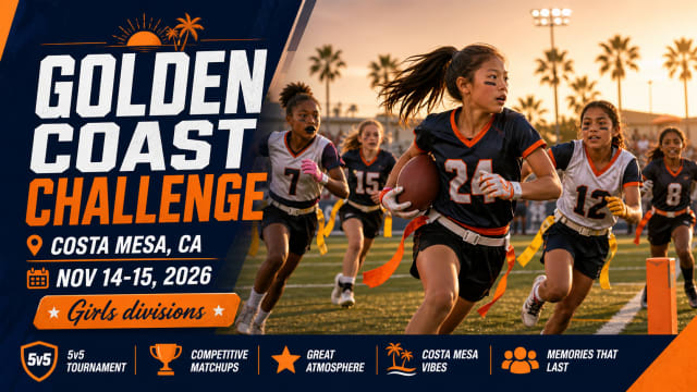 Girls flag football players on a Costa Mesa field for the Golden Coast Challenge tournament graphic.