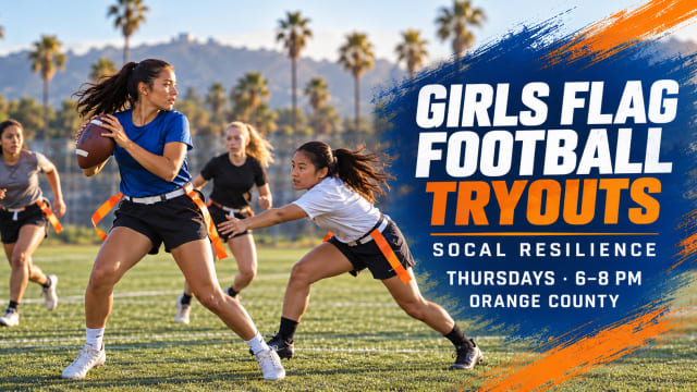 Generated illustration of girls playing flag football with Thursday 6–8 p.m. Orange County tryout details