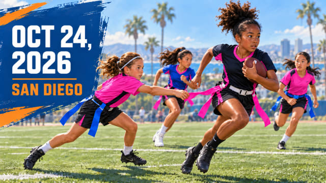 SoCal Flag illustration of a girl in a black-and-pink uniform leading a flag football play, with October 24, 2026 and San Diego text.