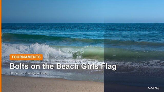 Beach and ocean scene representing the Bolts on the Beach girls flag football tournament in Huntington Beach