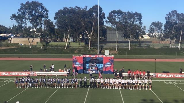 Team USA and Team Canada flag football teams lined up at Dignity Health Sports Park in Los Angeles