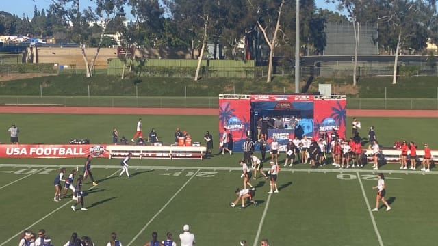 Team USA women’s flag football players line up during the Summer Series game against Canada in Carson, California