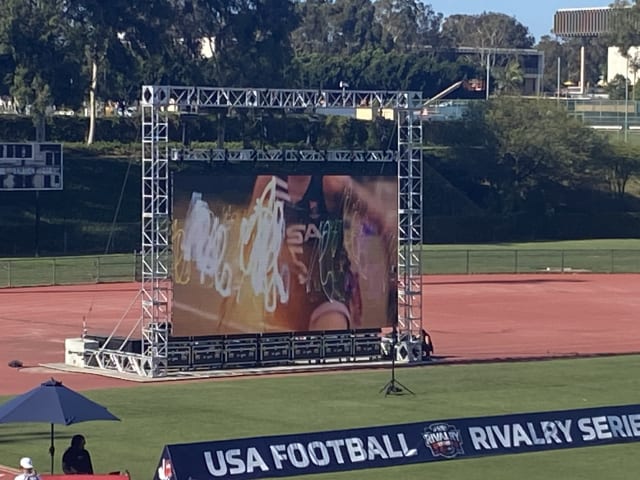 USA Football Rivalry Series video board and field setup during Summer Series week in Los Angeles
