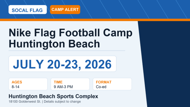 SoCal Flag date card for the Huntington Beach camp, showing July 20-23, 2026, ages 8-14, and 9 AM-3 PM.