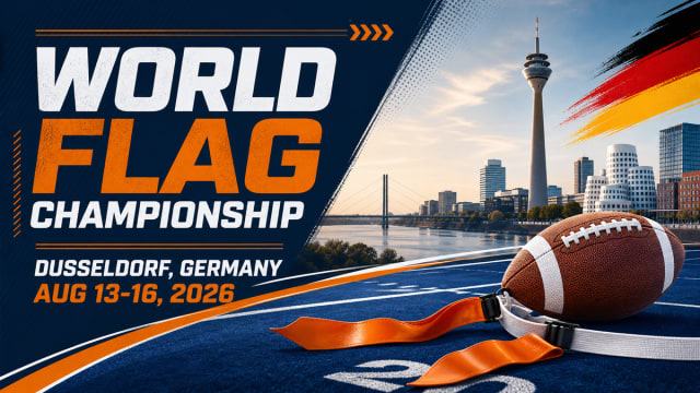 Generated sports graphic showing Düsseldorf, Germany, for the 2026 IFAF World Flag Championship.