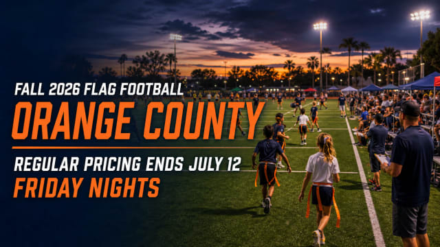 Editorial image for Orange County Fall 2026 youth flag football registration, showing boys and girls players on a lit field.