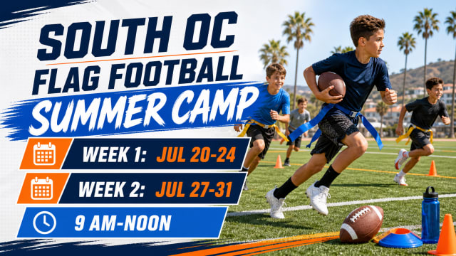 South Orange County youth flag football summer camp graphic showing July 20-24 and July 27-31 camp weeks.